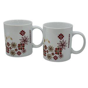 Starbucks Vintage Poinsettia Ceramic Coffee Mug Set Of 2pc 12oz Gold‎ Red White